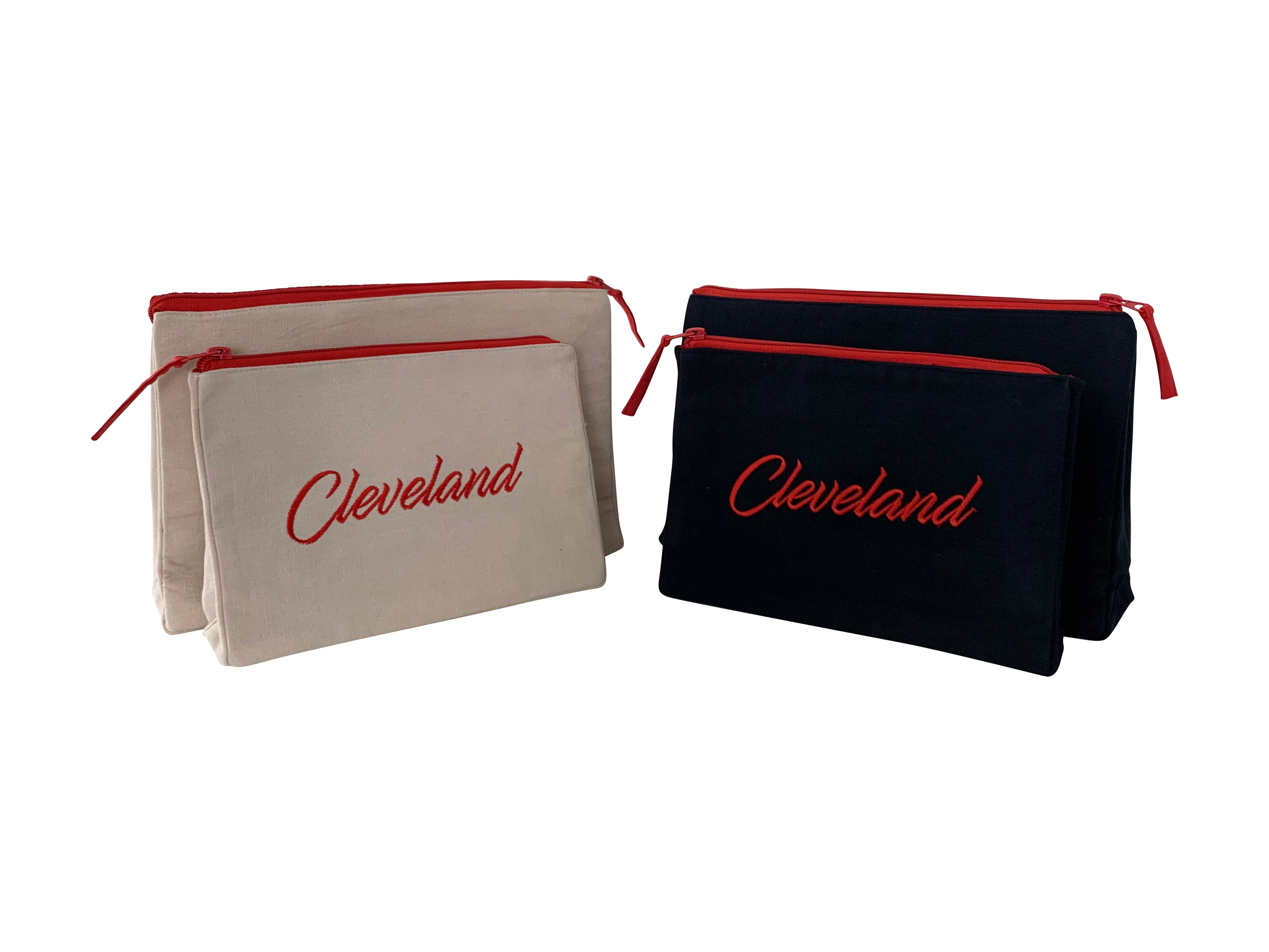 Cleveland Makeup Bag set featuring embroidered skyline design on cotton canvas in cream and black colors.